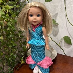 Wellie Wisher in Mermaid Outfit Blue and Pink with Iceskating Shoes